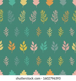 Seamless pattern with multicolored leaves and branches. Cartoon kids background, vector art.