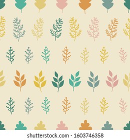 Seamless pattern with multicolored leaves and branches on beige background. Cartoon kids simple vector art.