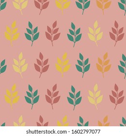 Seamless pattern with multicolored leaves on pink background. Cute kids vector art.