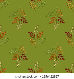 Seamless pattern with 
multicolored leaves on a green background. Can be used for napkins, wrapping paper, fabric, tablecloth, curtains, as a background, for packaging.