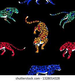 Seamless pattern. Multicolored leopards are isolated on a black background. Wild cats. Fashion print. Trend illustration. Hand drawn.