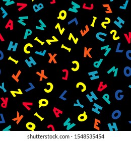Seamless pattern of multicolored letters on black background. Vector illustration.