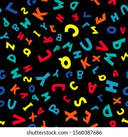 Seamless pattern of multicolored letters on black background. Vector illustration.