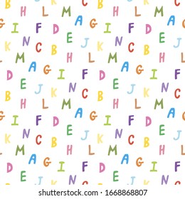 Seamless pattern with multicolored letters on white background. Vector image. 