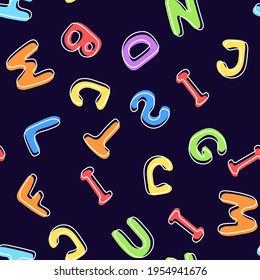 Seamless pattern of multicolored letters on a dark background. It can be used for children's wallpaper, wrapping paper, fabric, covers, templates. Flat vector illustration.