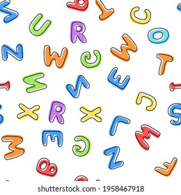 Seamless pattern of multicolored letters on a white background. It can be used for children's wallpaper, wrapping paper, fabric, covers, templates. Flat vector illustration.