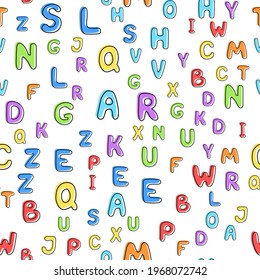 Seamless pattern of multicolored letters on a white background. It can be used for children's wallpaper, wrapping paper, fabric, covers, templates. Flat vector illustration.