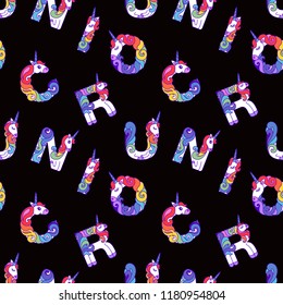 Seamless pattern. Multicolored letters of unicorn on black background. Written by unicorns. Letters in the style of the unicorn. Fairytale font. White unicorns with a multicolored mane. 