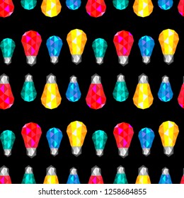 Seamless pattern with multi-colored light bulbs. Low poly light bulbs on a dark background.
