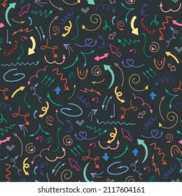 Seamless pattern of multi-colored lines and arrows of various shapes on a dark background.Vector illustration.