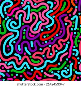 seamless pattern multicolored lines and dots on a black background . Vector illustration