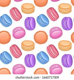 Seamless pattern with multicolored macaroons. French cookies, Pastry sweets collection in cartoon style, Suitable for packaging, fabric or napkins and menus decoration. Vector illustration