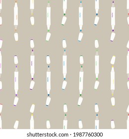 seamless pattern of multicolored markers for drawing.  isolated image on gray background.  vector illustration.  for wrapping paper, packages, cards, fabrics, invitations.