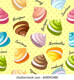 Seamless pattern multicolored marshmallows of meringue beige background with dots