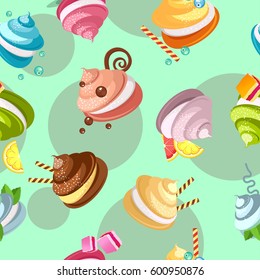 Seamless pattern multicolored marshmallows meringue decorated with candy chocolate