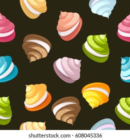 Seamless pattern multicolored marshmallows of meringue on a black background