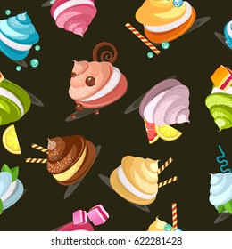 Seamless pattern multicolored marshmallows meringue decorated with chocolate candies on a black background