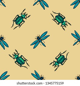 Seamless pattern of multi-colored May beetle and blue dragonfly. Summer and spring insects. Chafer. Beautiful dragonfly. Pastel background.