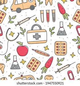 Seamless pattern with multicolored medical items in doodle style, thermometer, syringe, flask, pills, vitamins, ambulance. Vector doodle illustration. Design for wallpaper, packaging.