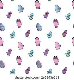 Seamless pattern with multicolored mittens on white background. Vector image.