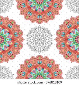 Seamless pattern of multicolored and monochrome mandala on white. Vector texture for print, wallpaper, spring summer fashion fabric, textile design, background for invitation card or holiday decor.