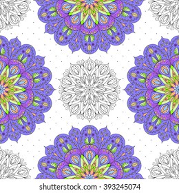 Seamless pattern of multicolored and monochrome mandala on white. Vector texture for print, wallpaper, spring summer fashion fabric, textile design, background for invitation card or holiday decor.