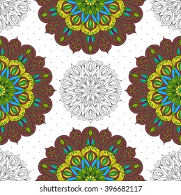 Seamless pattern of multicolored and monochrome mandala on white. Vector texture for print, wallpaper, spring summer fashion fabric, textile design, background for invitation card or holiday decor.