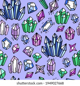 Patrón sin foco. Cristales místicos multicolores sobre un fondo azul. Gemas, diamantes. Patrón para impresión, tela, textil, papel.