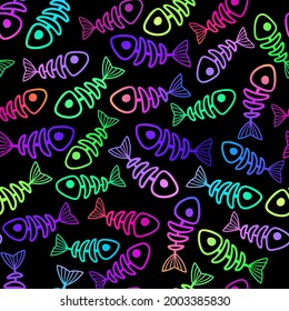 seamless pattern of multicolored neon fish skeletons
