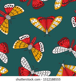 Seamless pattern. Multi-colored night butterflies. Exotic moths. Midnight green. Color trend palette. Shade of green. Fashion color.