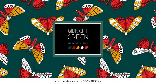 Seamless pattern. Multi-colored night butterflies. Exotic moths. Midnight green. Color trend palette. Shade of green. Fashion color. Great for fabric and more.