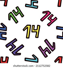 Seamless pattern with multicolored number 14 . Vector illustration. Design for Valentines Day