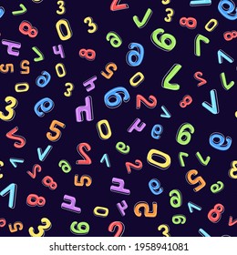 Seamless pattern of multicolored numbers on a dark background. It can be used for children's wallpaper, wrapping paper, fabric, covers, templates. Flat vector illustration.