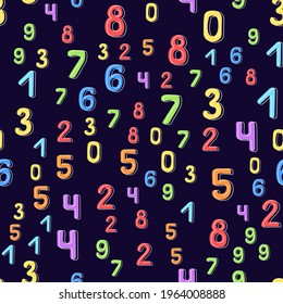 Seamless pattern of multicolored numbers on a dark background. It can be used for children's wallpaper, wrapping paper, fabric, covers, templates. Flat vector illustration.