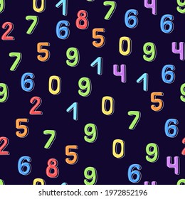 Seamless pattern of multicolored numbers on a dark background. It can be used for children's wallpaper, wrapping paper, fabric, covers, templates. Flat vector illustration.