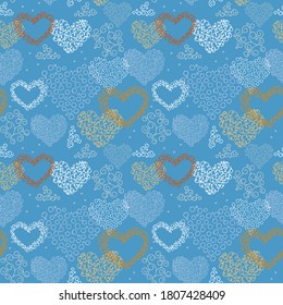 seamless pattern, multi-colored openwork hearts drawn by hand on a blue background