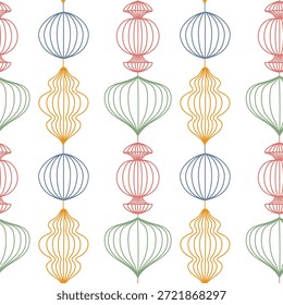 Patrón sin fisuras con Navidades de papel de contorno multicolor juguetes colgando uno tras otro. Hecho a mano. fondo festivo para papel de regalo de invierno, impresiones textiles, Fondo de pantalla, Diseño gráfico de temporada.