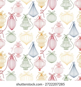 Patrón sin fisuras con Navidades de papel de contorno multicolor juguetes con arcos delgados. Hecho a mano. Fondo de Festiva para papel de regalo de invierno, impresiones textiles, Fondo de pantalla o Diseño gráfico de temporada.