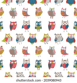 Seamless pattern with multicolored owls on a white background. Vector illustration in minimalistic flat style with birds. Cheerful print for textiles, print design, postcards.