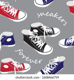 seamless pattern of multi-colored pairs of sports shoes. sneakers black, red and blue on a gray background. the inscription sneakers forever. the flat pattern. vector illustration. EPS 10