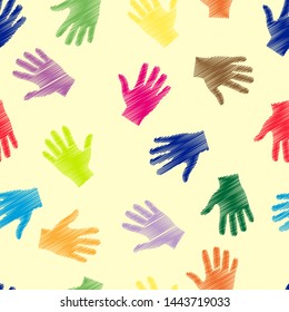 Seamless pattern, multi-colored palm prints. Modern random colors. Ideal for textiles, packaging, paper printing, simple backgrounds and textures.