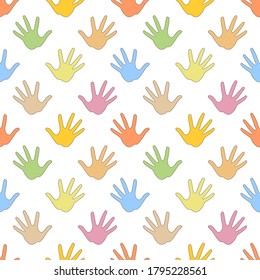 Seamless pattern of multicolored palms, hands. Vector stock illustration eps10.