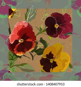 
Seamless pattern, multicolored pansies - crimson, pink and yellow flowers, green leaves on a brown craft background with watercolor splashes. The frame of contrasting colors, forms a cell.  Military 