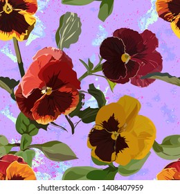 
Seamless pattern, multicolored pansies - crimson, pink and delta flowers, green leaves on a purple background with watercolor blue splashes. Printing on fabric, paper, card with congratulations.