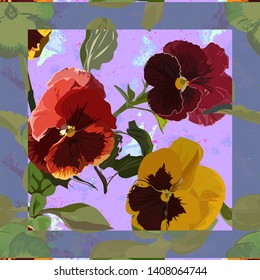 
Seamless pattern, multicolored pansies - flowers, green leaves on a pink background with watercolor splashes. Blue transparent frame forming a cage on the wallpaper.