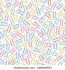Seamless pattern of multicolored paper clips for textiles, interior design, for book design, website background. Back to school illustration.