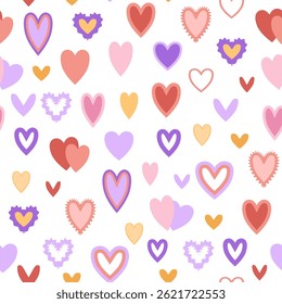 Padrão contínuo de corações pastel multicoloridos em um fundo branco