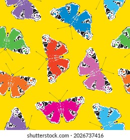 Seamless pattern with multicolored peacock eye butterflies on a yellow backdrop. Bright vector background with beautiful stylized butterflies. Suitable for Wallpaper, wrapping paper or textiles