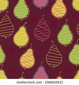 Seamless pattern of multicolored pears on a brown background