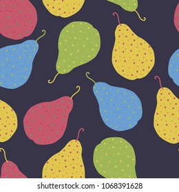 Seamless pattern of multicolored pears on a black background